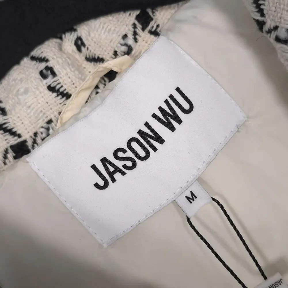 JASON WU New Women’s MEDIUM Quiet Luxury Ivory Plaid Tweed‎ PUFFER Jacket Cozy